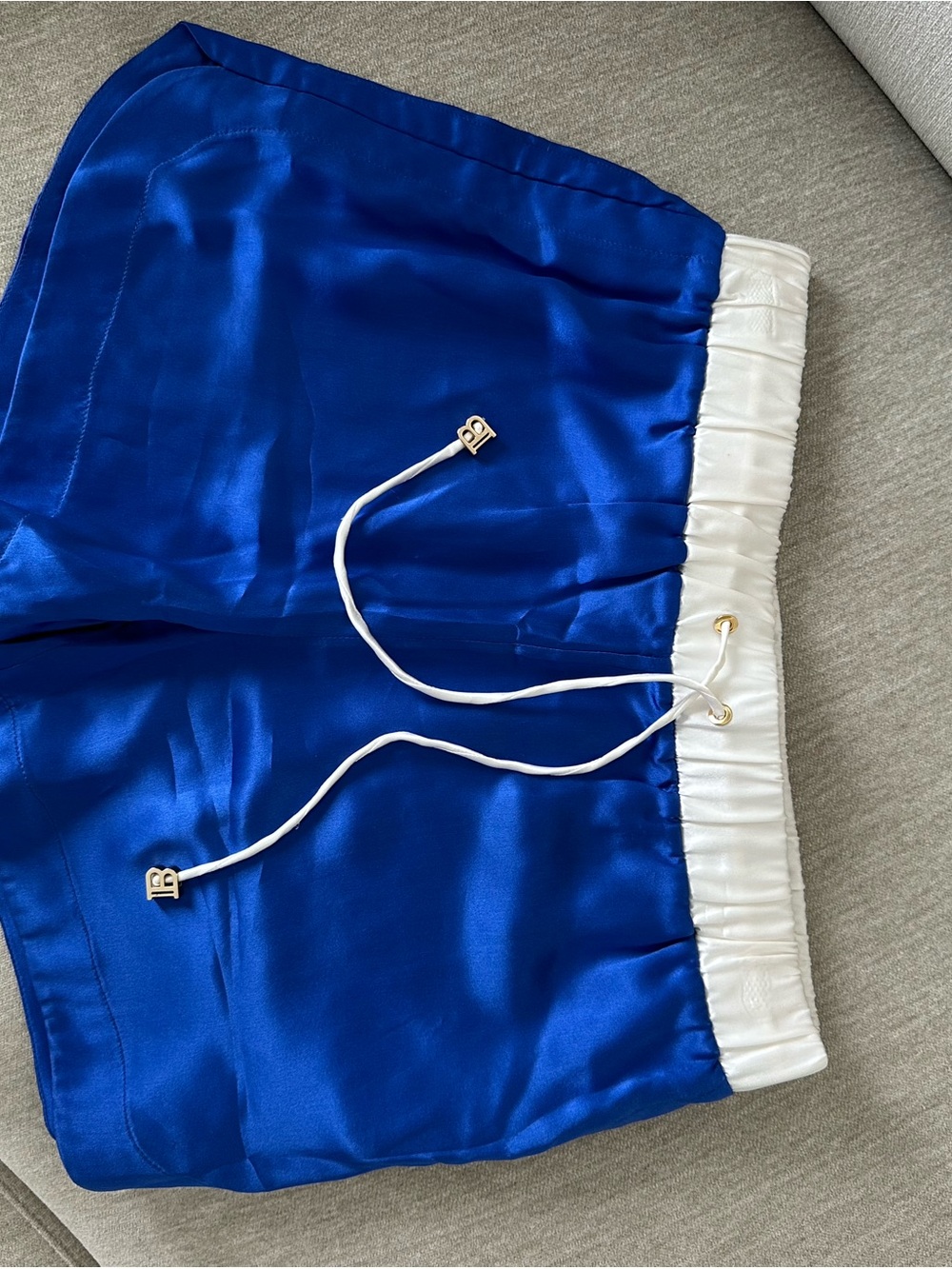 Balmain Satin Blue and White Elastic Waist Shorts